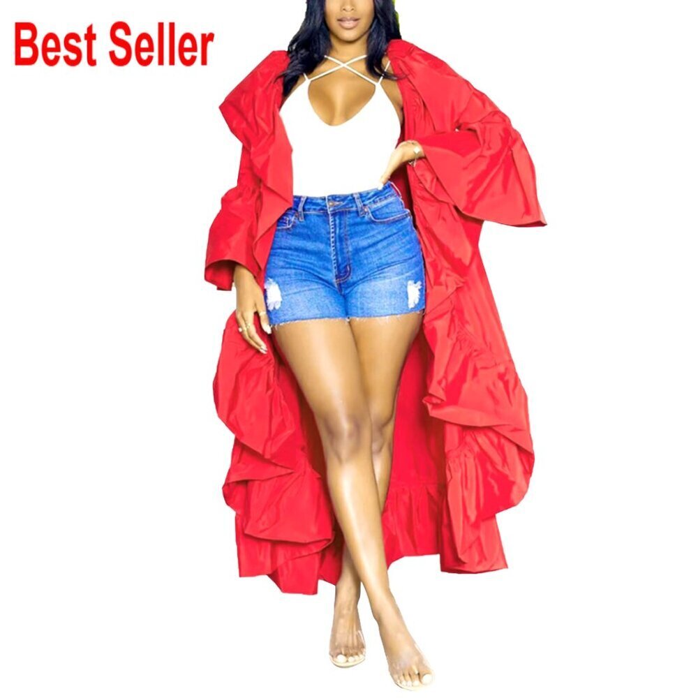 Oversized Cardigan Cape Trench Coat Open Front Ruffle Hem Asymmetrical Chic